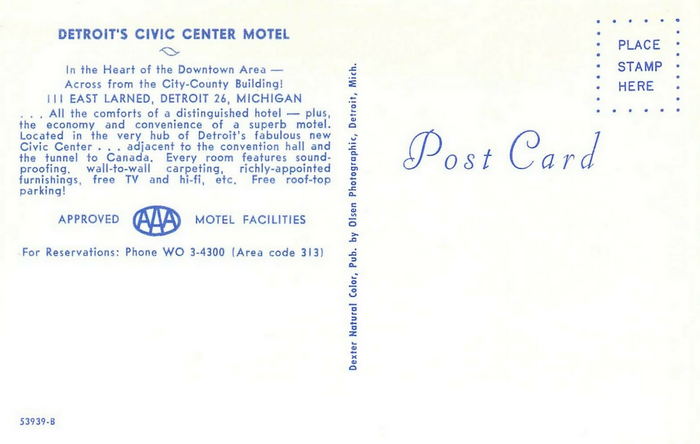 Detroit Civic Center Motel - Old Postcard View